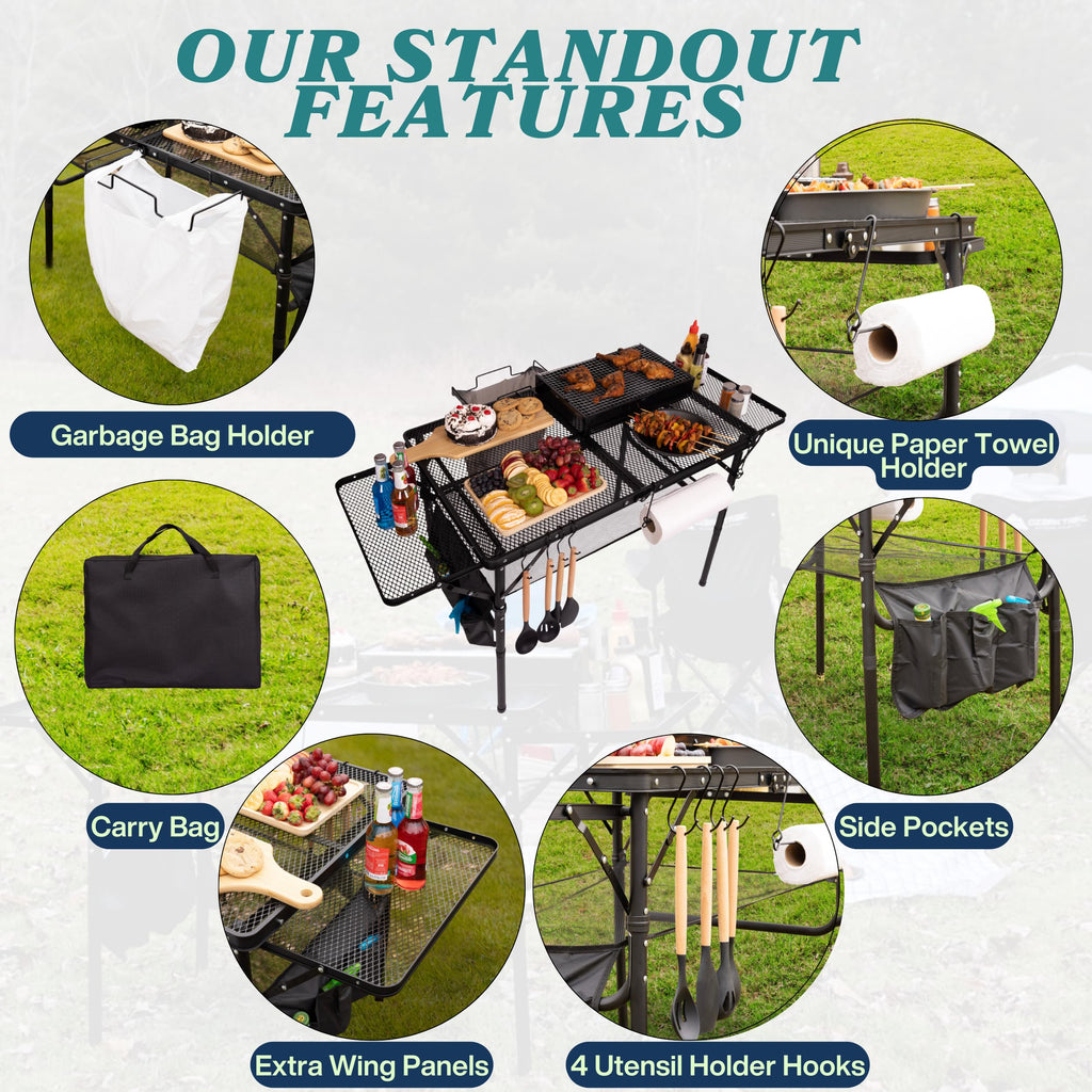 Folding Table w/ Carry Bag, Paper Towel Holder, Garbage Holder, Wing Panels, 3x2 FT Foldable Table for Portable