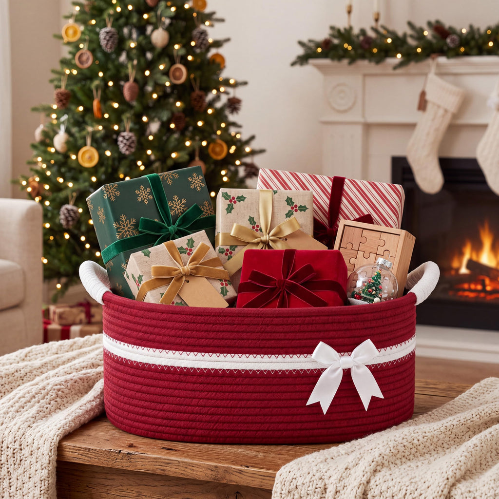 Christmas Empty Gift Basket with Handles, Red, White
