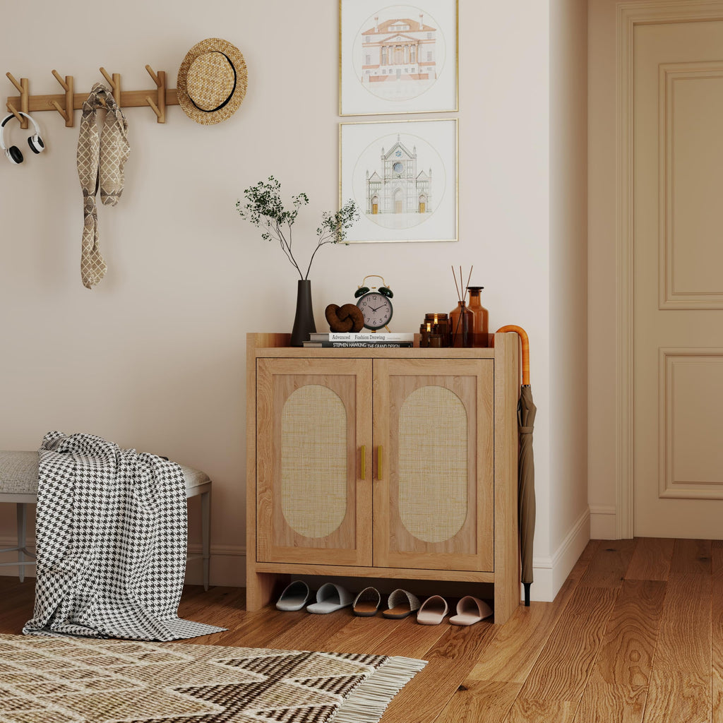 5 Layer Farmhouse Style Shoe Cabinet, Wooden Freestanding Shoe Rack with 2 Doors and Adjustable Shelves, Shoe Storage