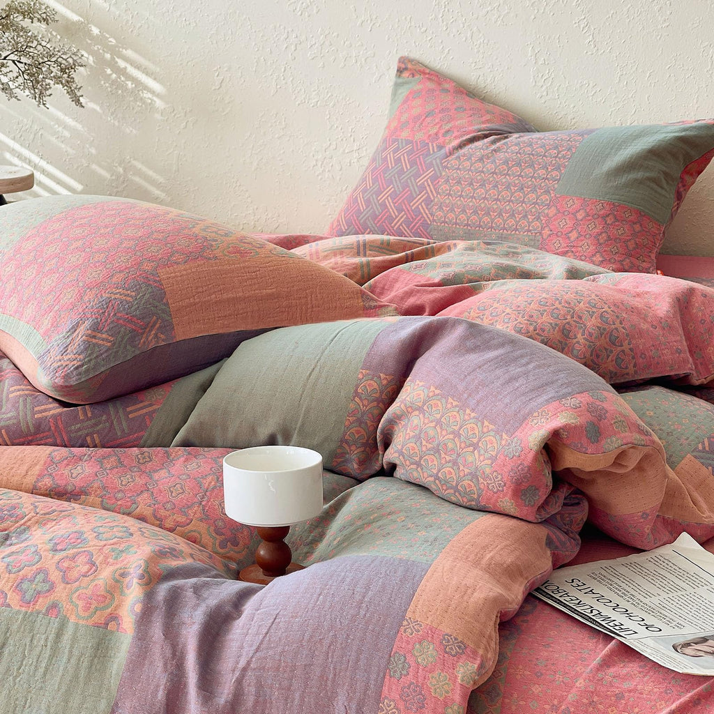 100% Cotton Double Layer Yarn Duvet Cover Set, Vintage Patchwork Floral Jacquard Textured Comforter Cover, Reversible