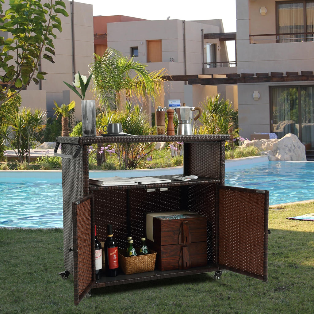 Wicker Outdoor Bar Cart - Brown Patio Console Table Wagon