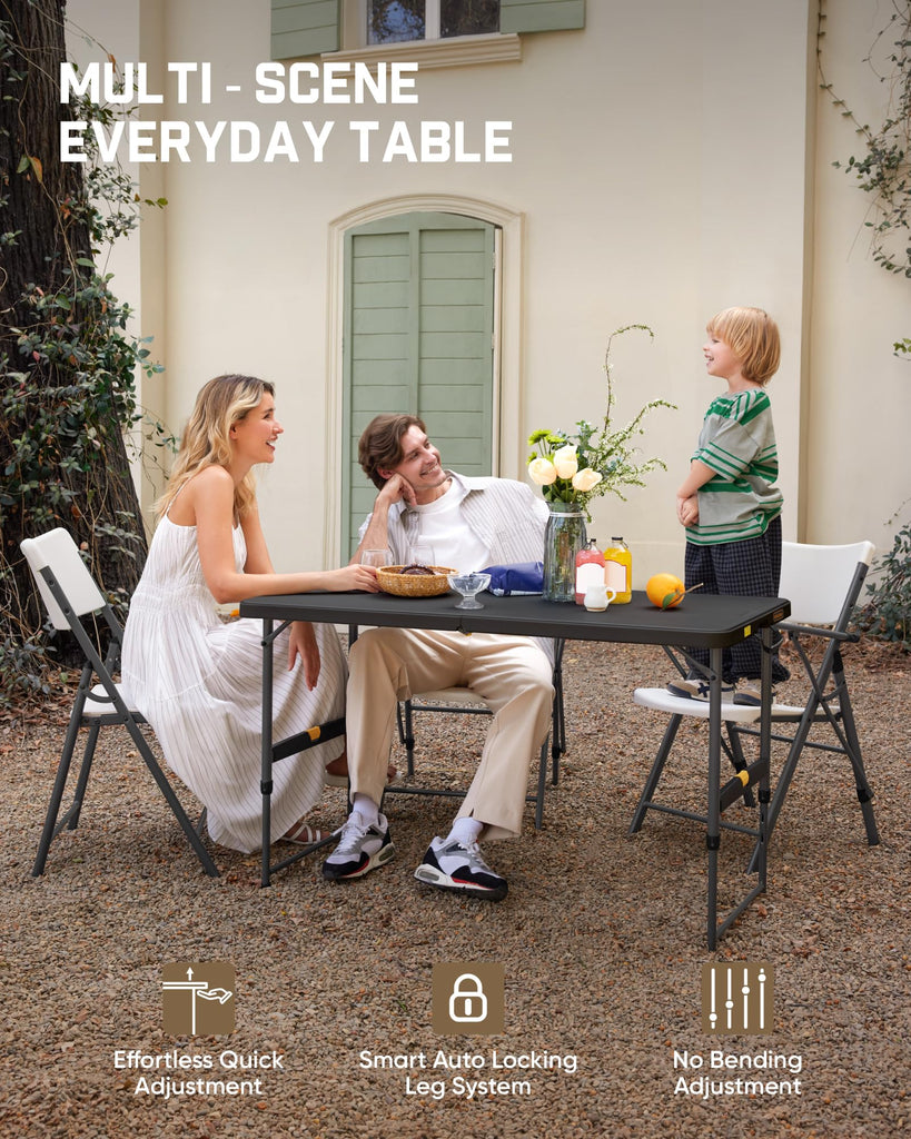 Folding Table 4 Foot Quick Adjust Portable Plastic 4 Heights