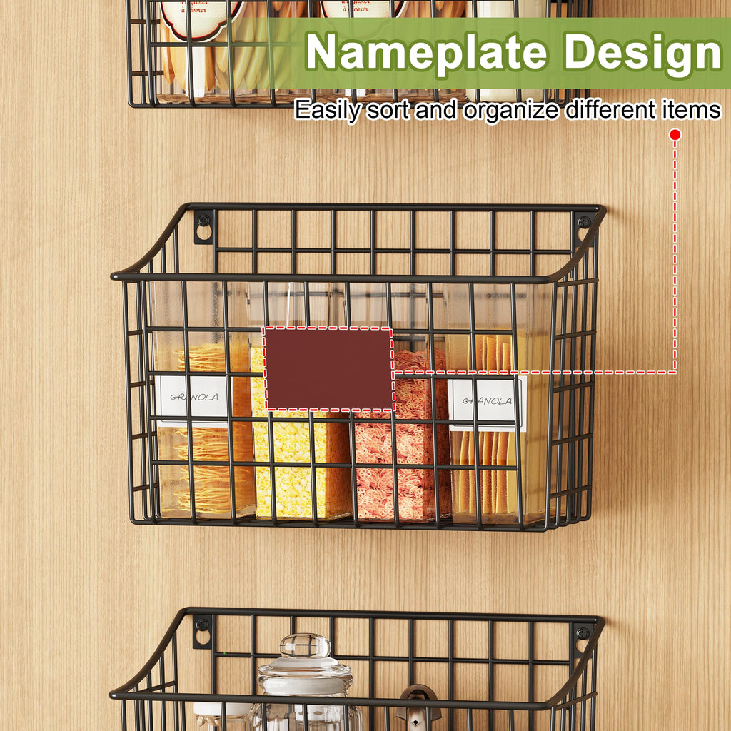 Wall Mounted Bin Basket with 5 Hooks 3 Label Plate Adhesive-3 Pack, Cabinet Hanging Metal Wire Basket, Rustic
