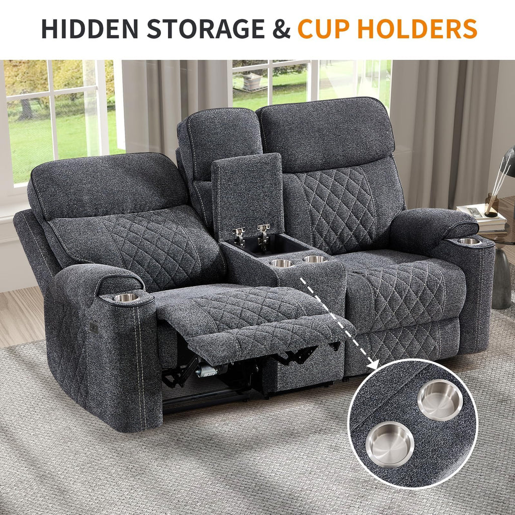 Power Reclining Sofa Set, Fabric Electric Recliner Chair and Loveseat Sofa with Cup Holders, USB and Type-C Charging