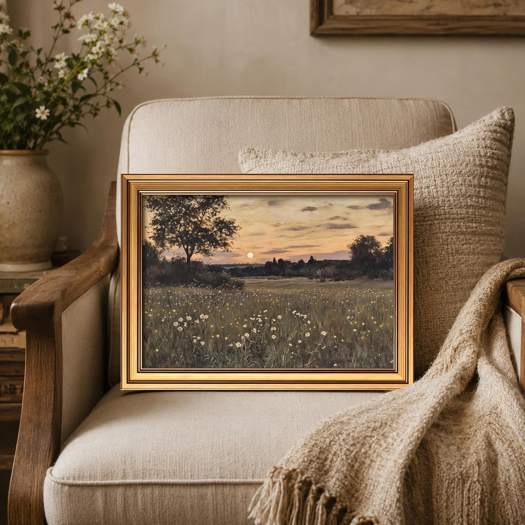 Gold Framed Vintage Landscape Canvas Wall Art, Rustic Wildflower Meadow Poster Painting Print Picture, Countryside