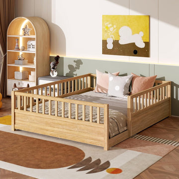Floor Bed Frame with 21.4" High Fence, Solid Wood Montessori Floor Bed for Kids, Low to Ground