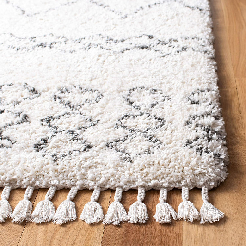 Area Rug - Moroccan Fringe Shag Collection - Large - Ivory & Grey, Boho Design, Non-Shedding & Easy Cleaning