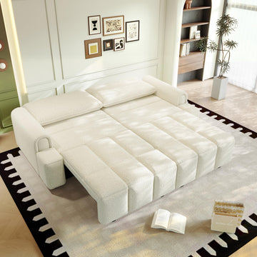 90.2" 4-Seater Modern Convertible Sofa Bed - Teddy Fabric Couch with Storage Seats, King Size 3-in-1 Sleeper Sofa
