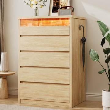 5 Drawer Dresser with LED Light, Modern Chest of Drawers with Hidden Handles, Tall Wooden Dresser Closet - Oak