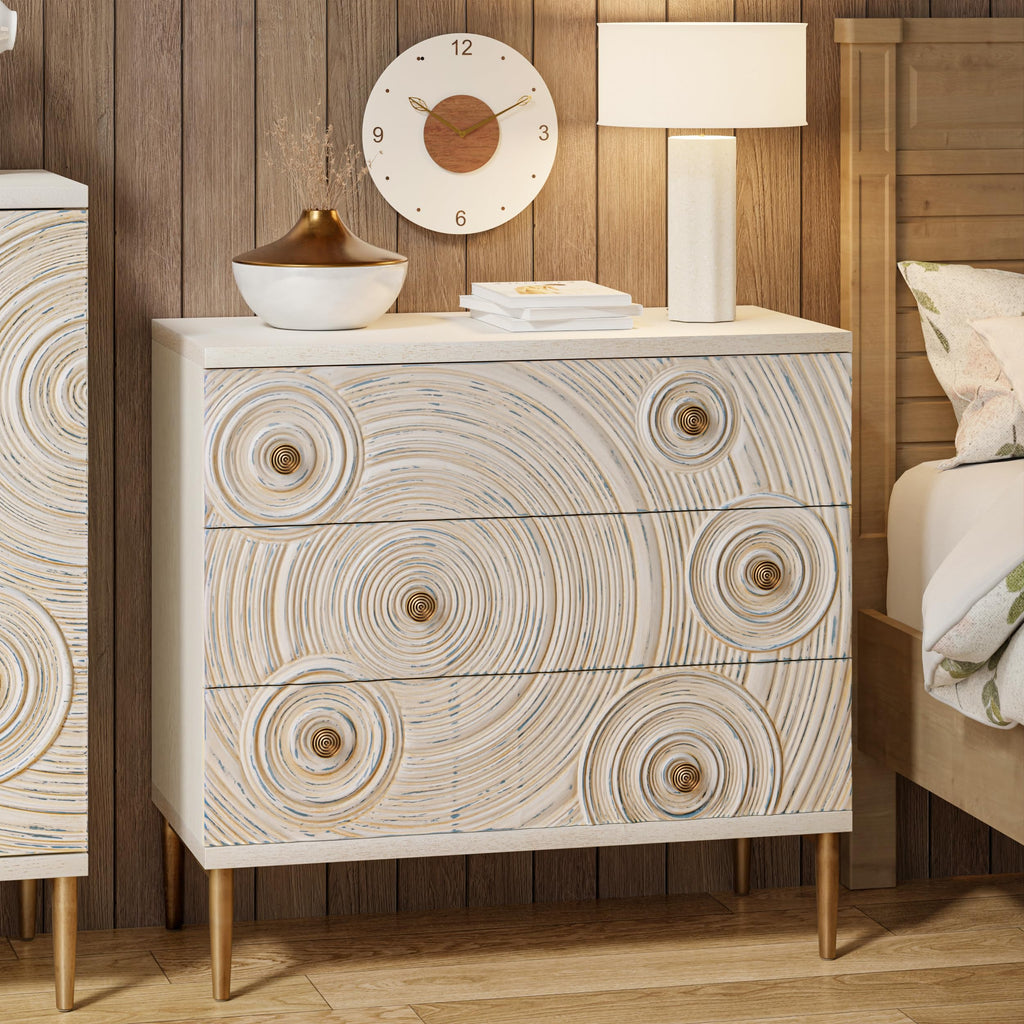Boho Embossed 3 Drawer Dresser with Ring Motif, White and Gold