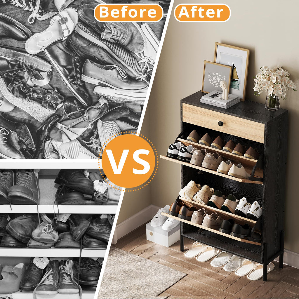 Shoe Cabinet with 2 Flip Drawers, Shoe Storage Cabinet, Free Standing Shoe Storage Organizer with Rattan Doors Slim