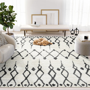 Viva Cream Black Area Rug - 5 x 8, Dining - Modern Moroccan Tribal Design - Soft, Durable, and Easy to Clean