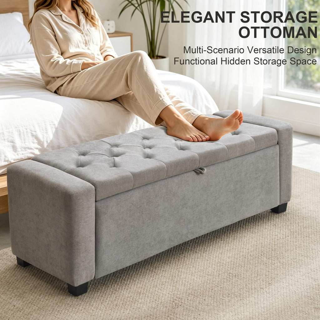 48" Ottoman with Storage, Tufted Linen Storage Ottoman Bench, Gray