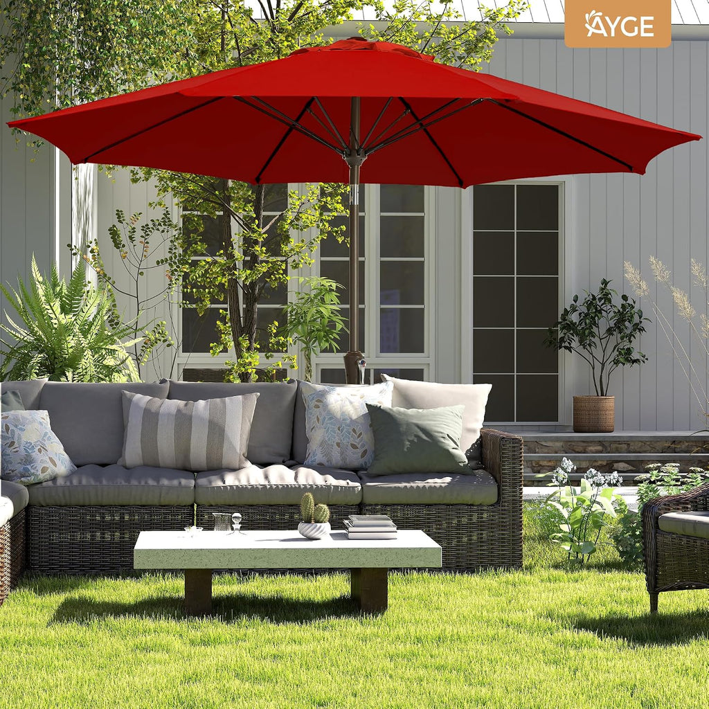 9FT Large Outdoor Patio Umbrella Market Table Umbrella-UV Resistant, Easy Push Button Tilt and Crank - Red