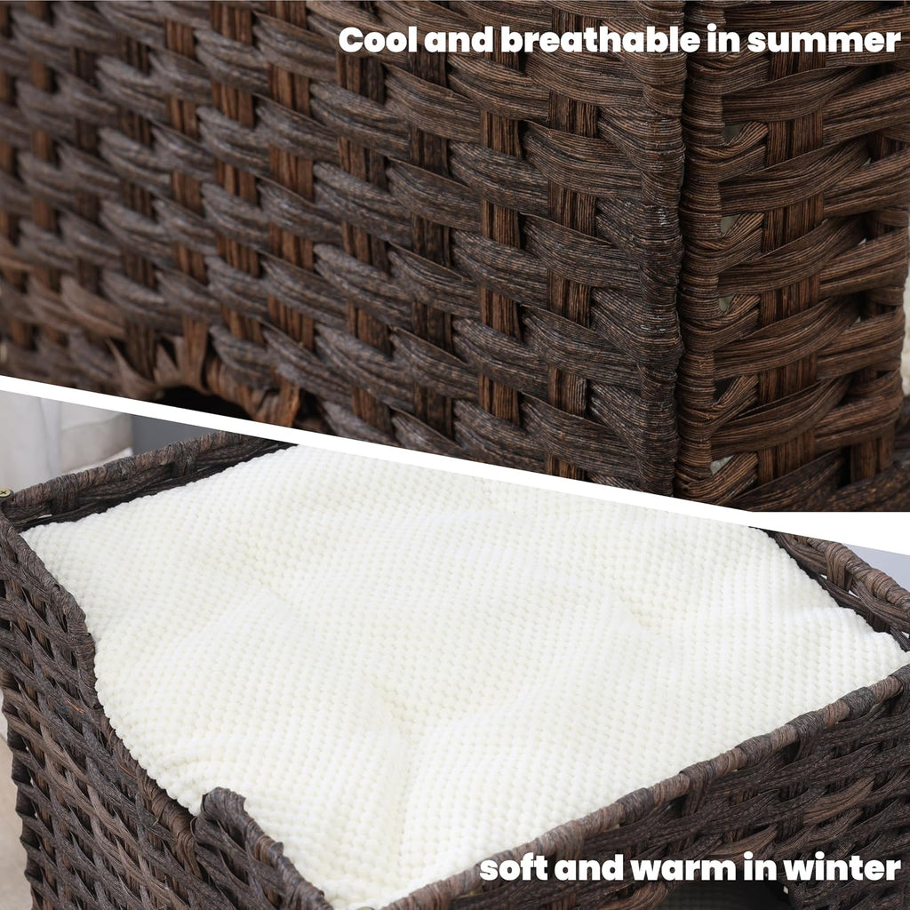 Cat Bed for Indoor Cats, a Stylish Cat Hideaway & Cat House - Handwoven Rattan Cat Cave Bed with Soft Cushion