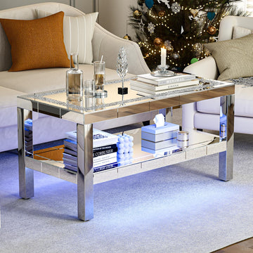Mirrored Coffee Table with 2 Tiers Storage & LED Light