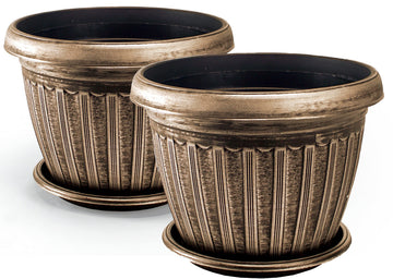 Rustic Flowerpot 12" Planter, Set of 2 Pots and 2 Saucers (4 Pieces) for Garden Patio Office Ornaments Home Décor