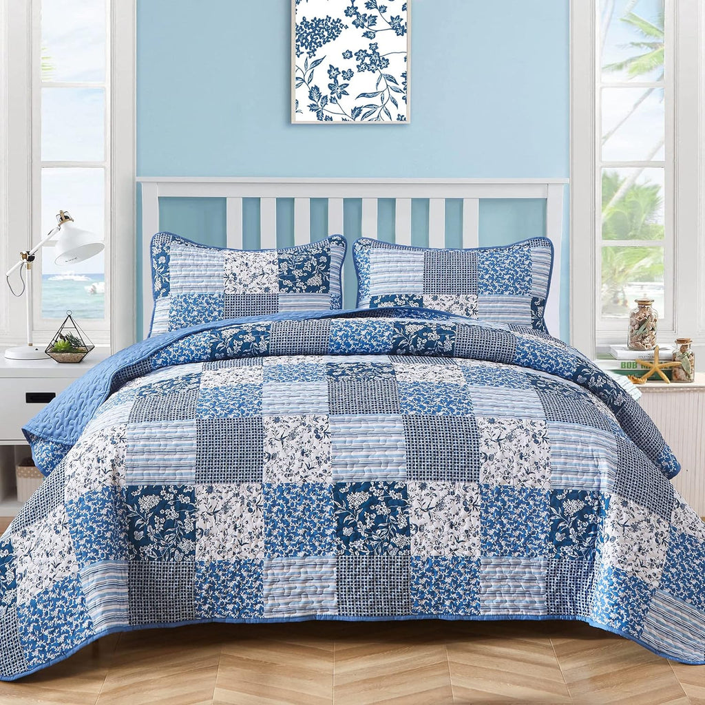 Blue Boho Quilt Set Queen,3 Pieces Plaid Floral Bedspread Coverlet Set for All Season,Patchwork Reversible Bedding