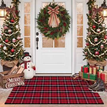 Cotton Buffalo Plaid Rug, 24x52 Christmas Red Black White Outdoor Rug Front Door Decorative Mat, Washable Doormat