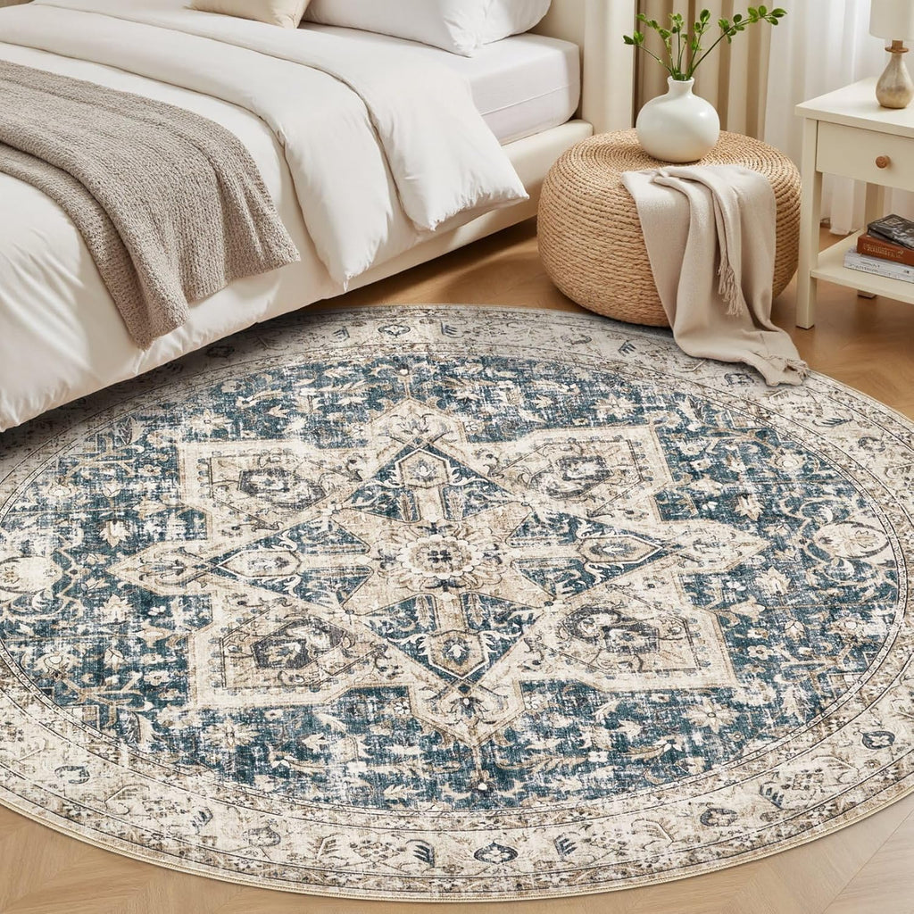 8' Round Area Rug Living Room Rugs - Washable Boho Rug Vintage Oriental Distressed Farmhouse Large T