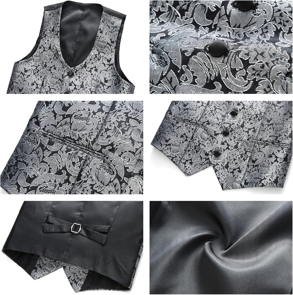 Boys Suit 3 Pieces Slim Fit Tuxedo Formal Set with Floral Jacquard Jacket Pant Vest for Wedding Prom Party