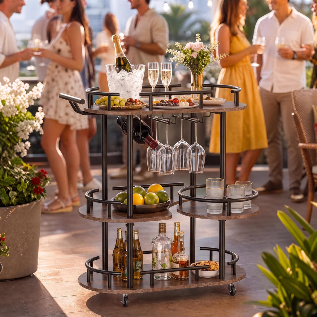 Mobile 3-Tier Serving Cart with Wine Rack and Glass Holder | Metal rolling cart with built-in wine & glass organizer