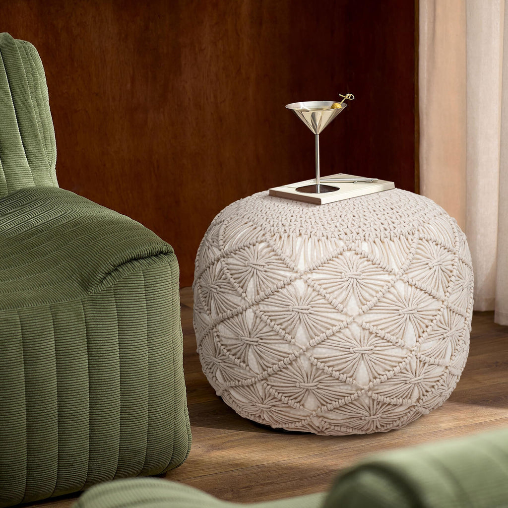 Macrame Pouf Ottoman 20x20x14 Ivory Handwoven Dori Footrest Stool