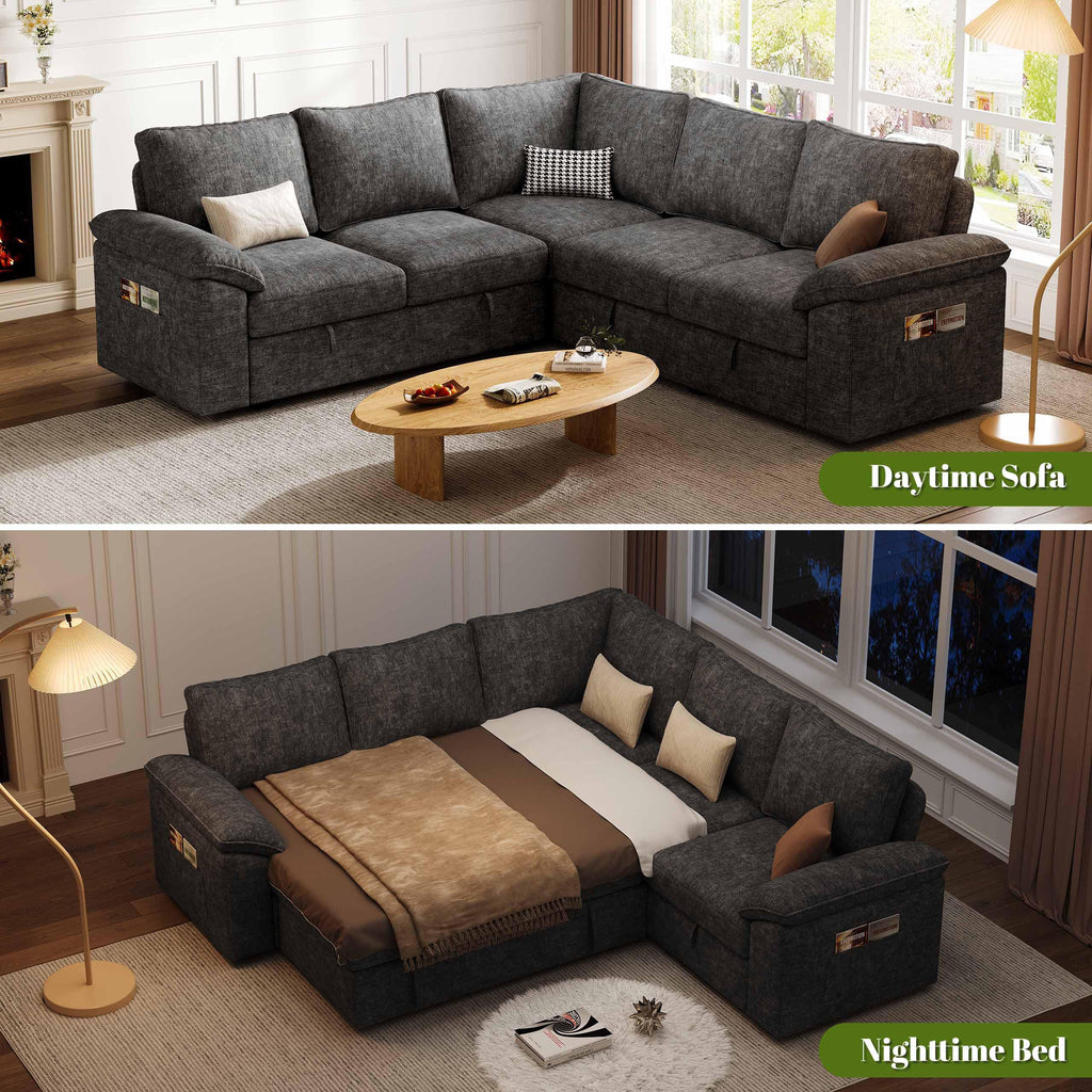 85'' Modular Sectional Sofa with Pull Out Bed, Sleeper Sofa, Dark Gray
