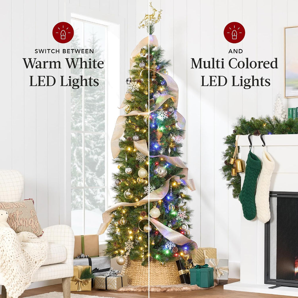 Pre-Lit Scotch Pine Pencil Christmas Tree, Premium Skinny Pre-Decorated Holiday Decor w/White and Multicolor LED