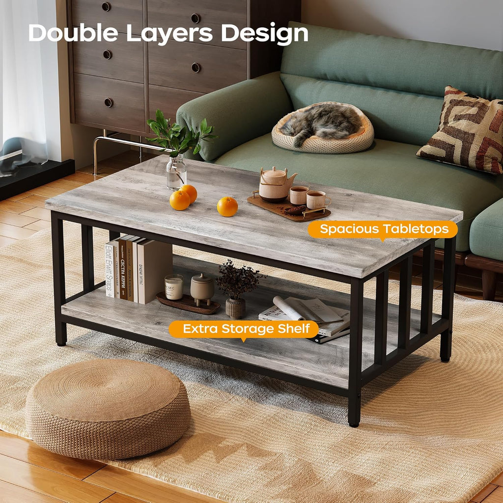 Coffee Table with Slatted Sides Frame, Modern Farmhouse Living Room Table with 2-Tier Storage Shelf, 39 ...