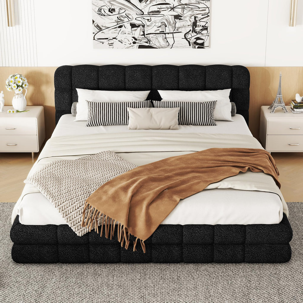 Queen Size Upholstered Platform Bed, Fleece Floor Bed with Tufted Headboard, Luxurious Low Profile Bed Frame with
