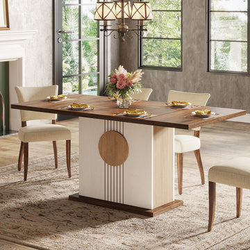 55" Rectangular Dining Table for 4 to 6 People, Farmhouse Wood Dinner Table, Oak Brown & White