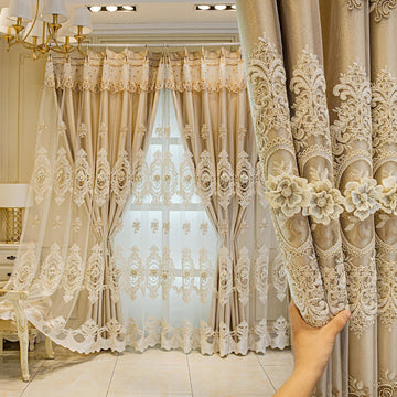 Grommet Top Blackout Curtains 2 Panels, Double Layer 3D Floral Embossed Relief Drapes, European Luxury Window Curtain