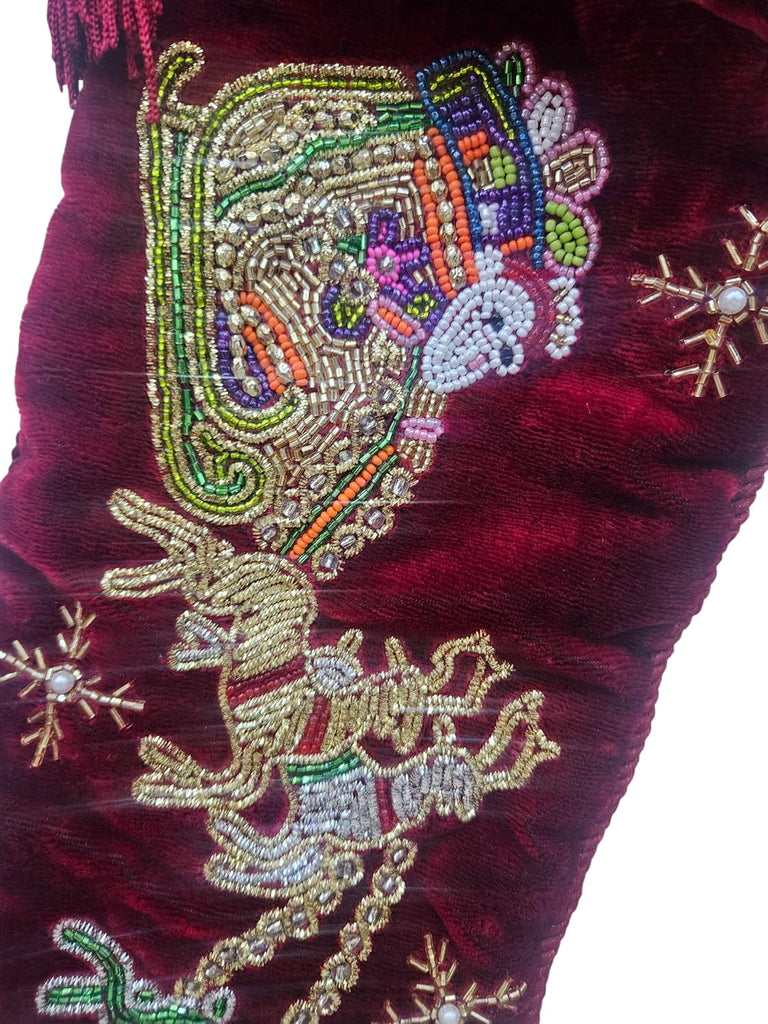 Handmade Red Velvet Christmas Stocking 21"x7" - Beaded Santa & Reindeer Design Luxury Embroidered Holiday Stocking