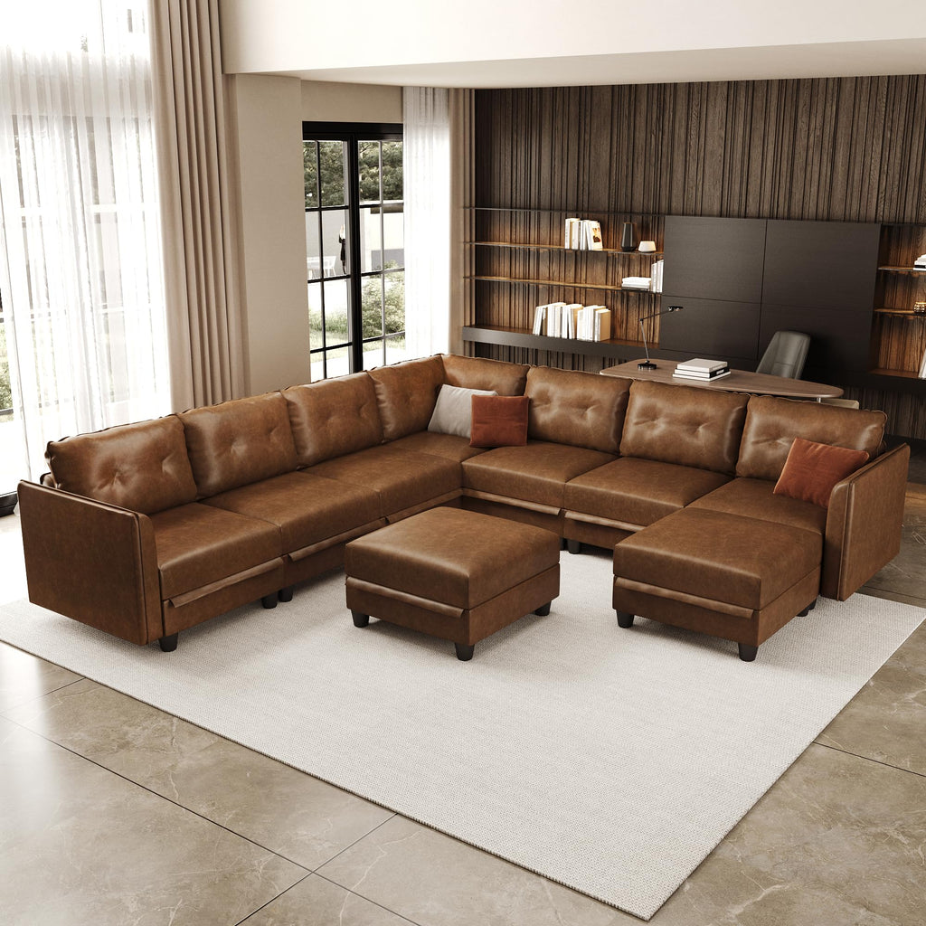 Brown Leather Modular Sofa Sectional Couch with Storage