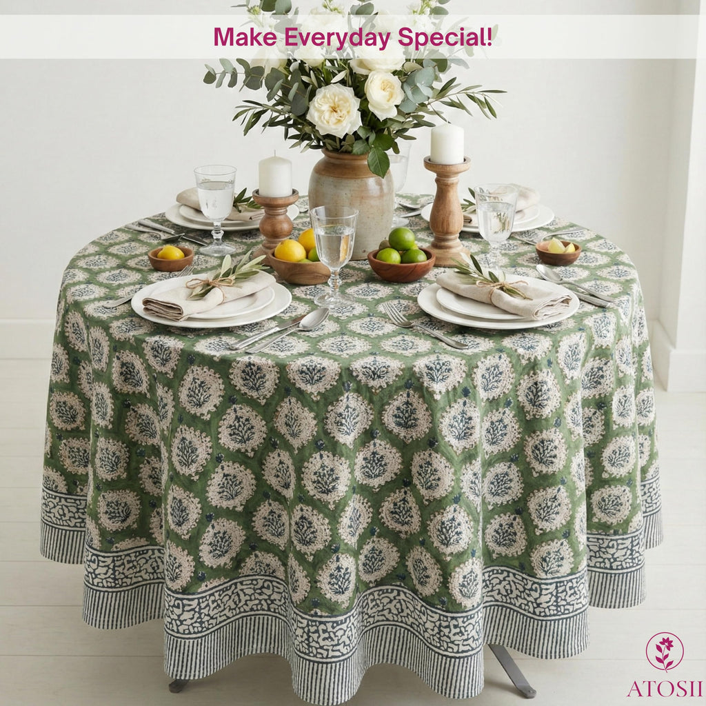 Cotton Blockprint Round Tablecloth, Kari Green, 90 Inches