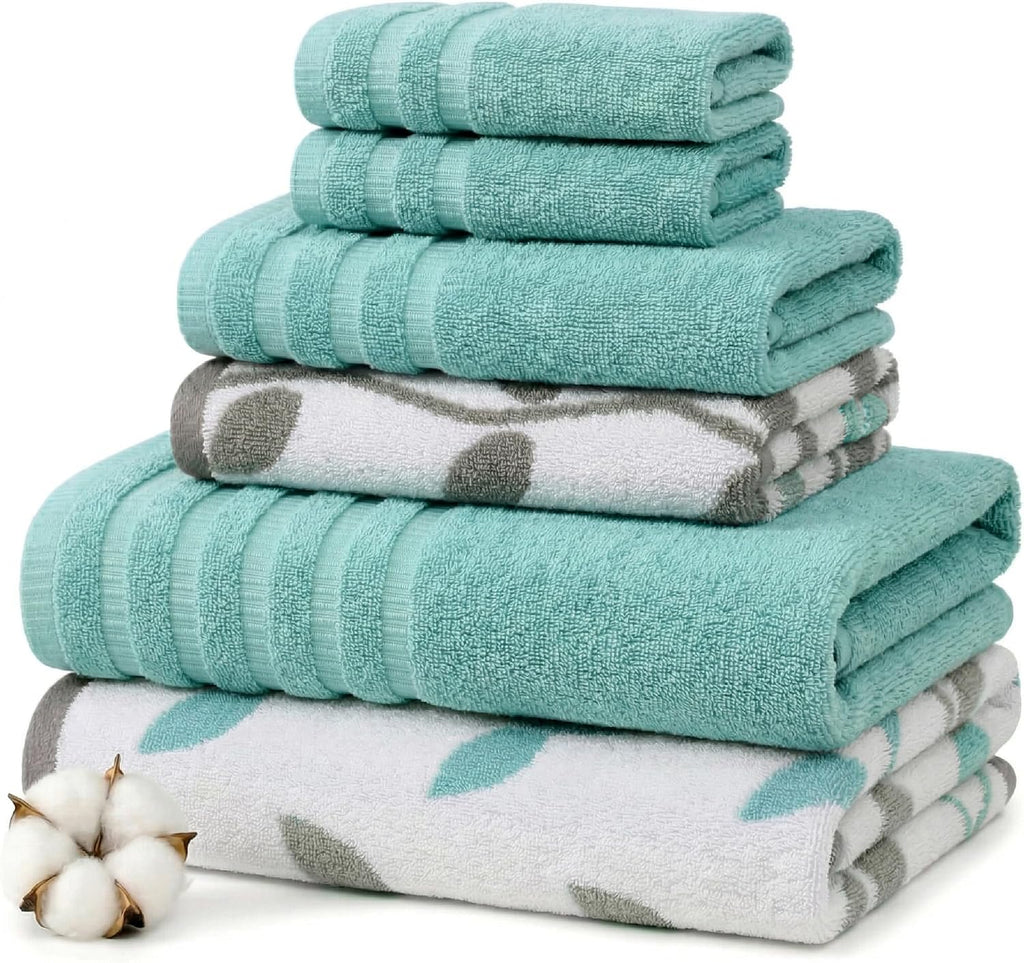 6 Piece Bath Towel Set - Bathroom Set with 2 Bath Towels, 2 Hand Towels, and 2 Wash Cloths - 100% Cotton, Super