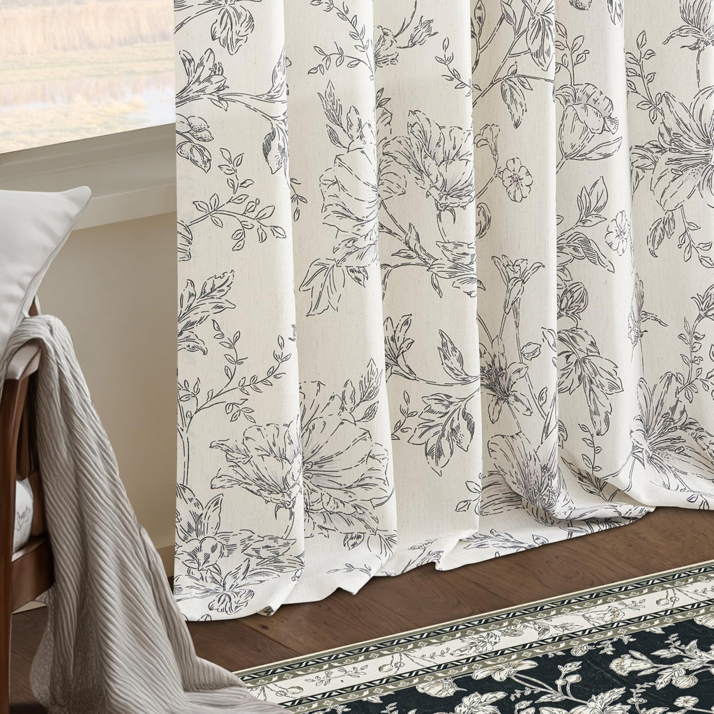 Black Flower Semi Sheer Linen Curtains Vintage Pinch Pleated Drapes 40x90