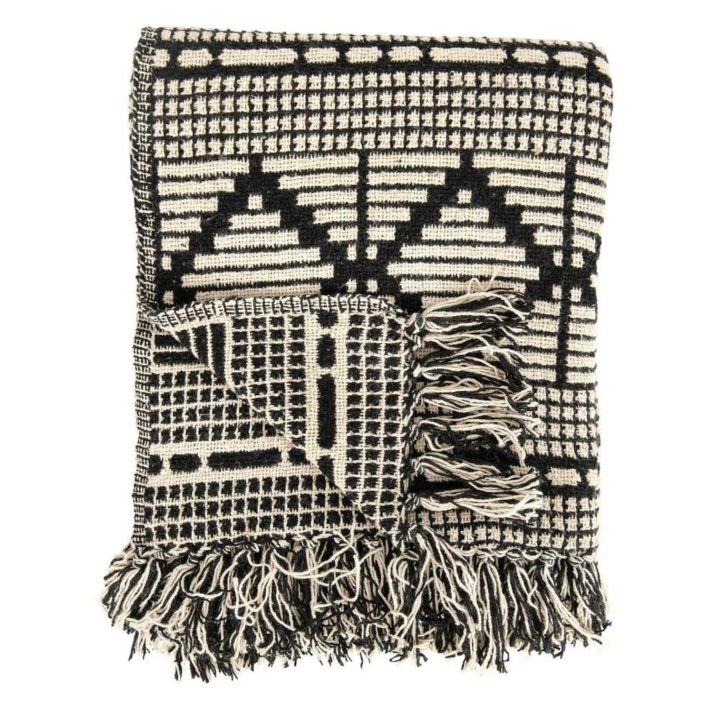 Soft Reclaimed Cotton Blend Throw with Diamond Pattern and Fringe, Black and Beige
