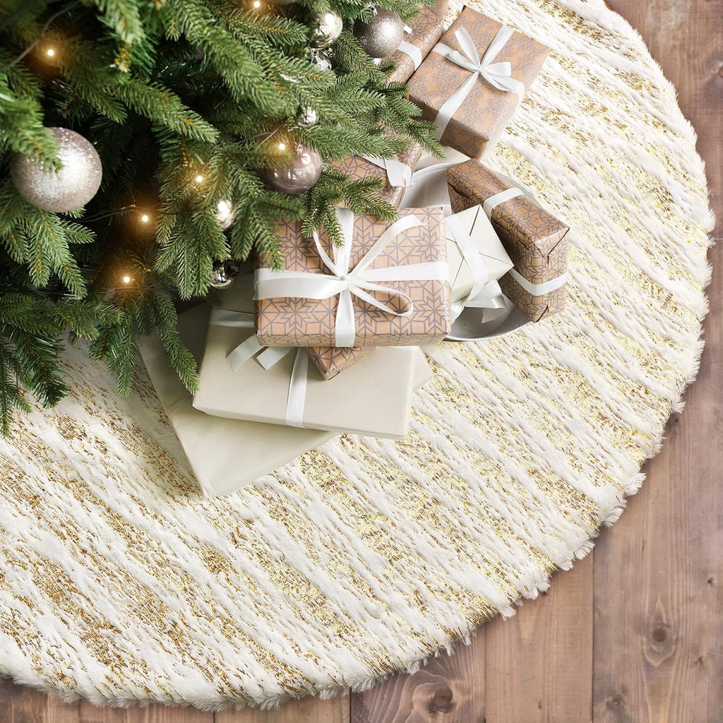 Christmas Tree Skirt White Bronzing Luxury Faux Fur Tree Skirt (Gold 48in)