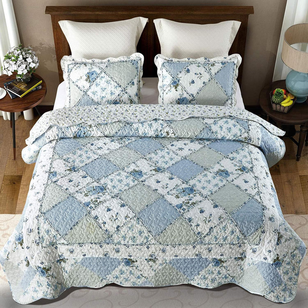 Blue Floral Patchwork Quilt Set, Full Queen, 3 Piece Bedding Set with 2 Pillowcases