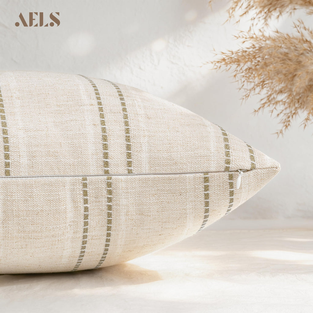 18x18 Decorative Farmhouse Linen Blend Throw Pillow Covers, Boho Textured Pillow Case, Set of 2, Beige with White &