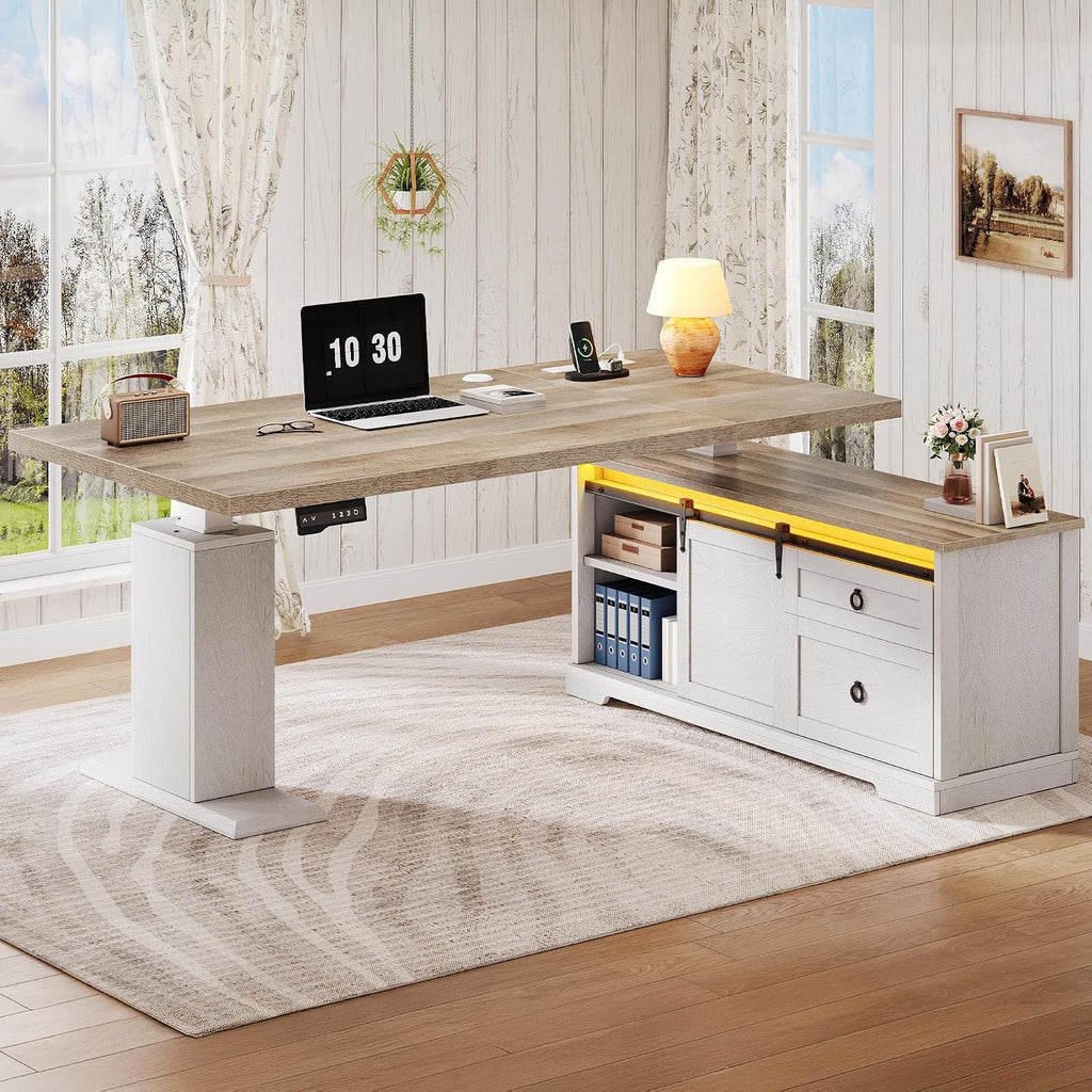 L Shaped Standing Desk with Power Outlets & LED Lights | 63" Farmhouse Electric Standing Desk Adjustable Height Sit