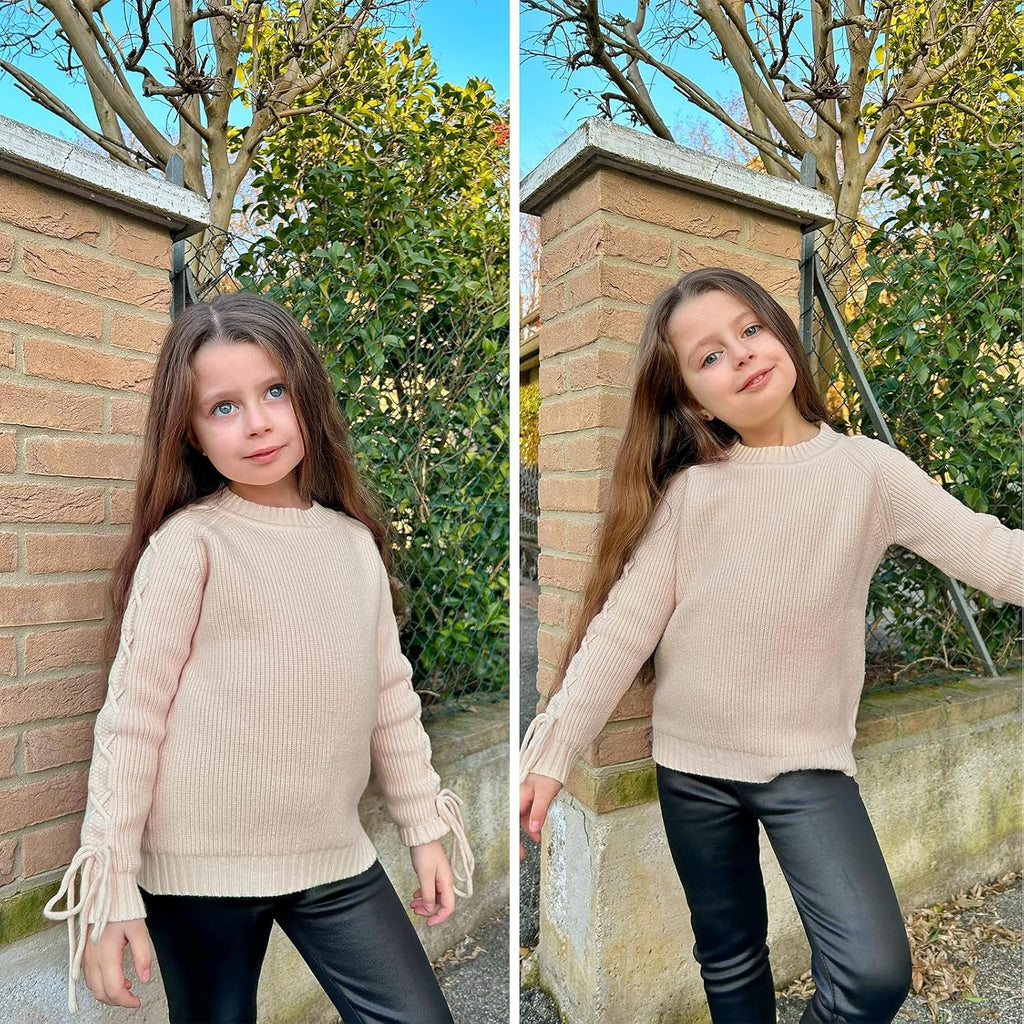 Girls Pullover Sweaters, Lace-up Long Sleeve Crewneck