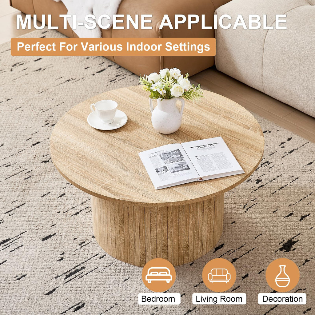 31.5" Round Coffee Table with Fluted Pedestal Base, Natural