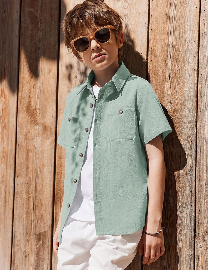 Boys Chambray Button Down Shirt Cotton Short Sleeve Shirt