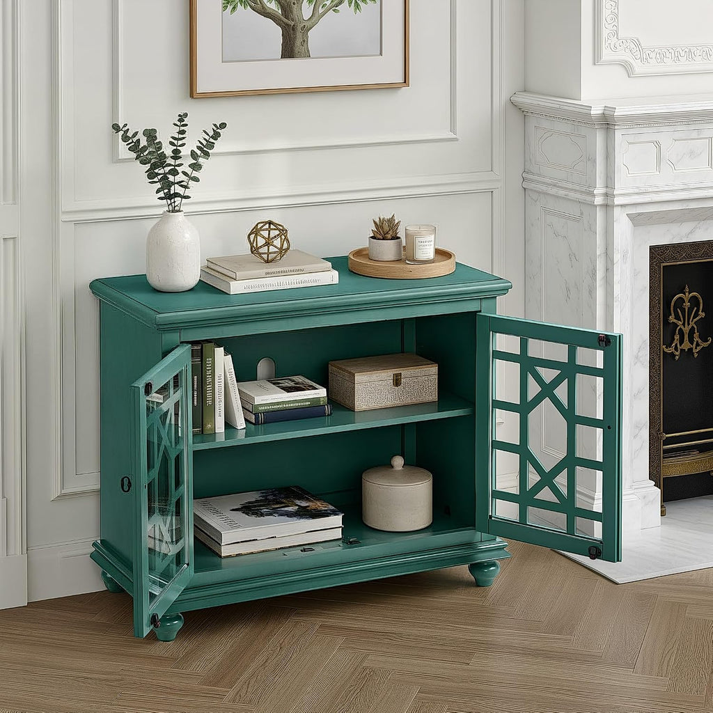 Elegant Small Spaces Accent Cabinet, Teal Green | Solid Wood, Glass Doors, Vintage Sideboard, Small TV Stand , Turned