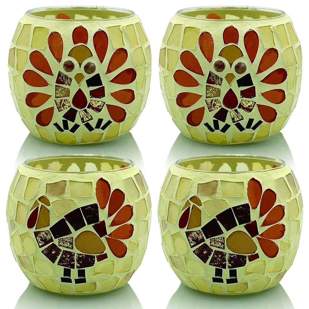Thanksgiving Votive Candle Holder Set of 4, Mosaic Glass Tealight Holders with Turkey for Fall Table Centerpiece