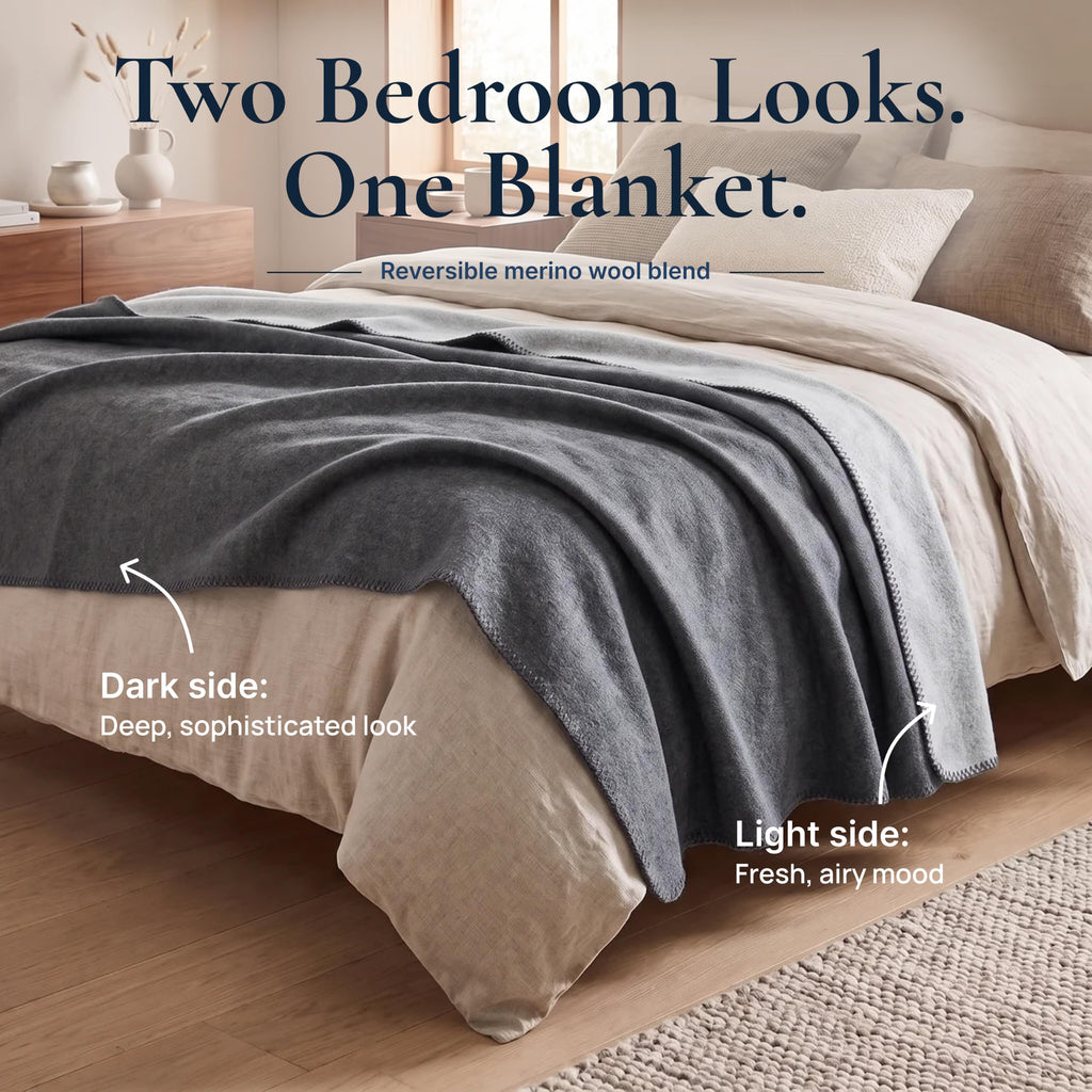 Merino Wool Blanket for Twin Bed & Couch, Reversible Warm Throw, 59 x 85 in