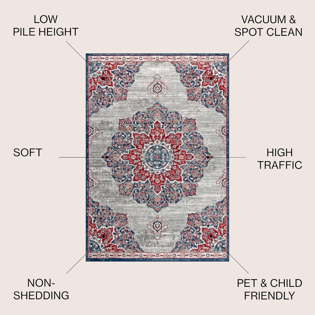 Modern Vintage Moroccan Medallion Navy/Red Indoor Area Rug, Country, Floral, Easy-Cleaning, Pet Friendly